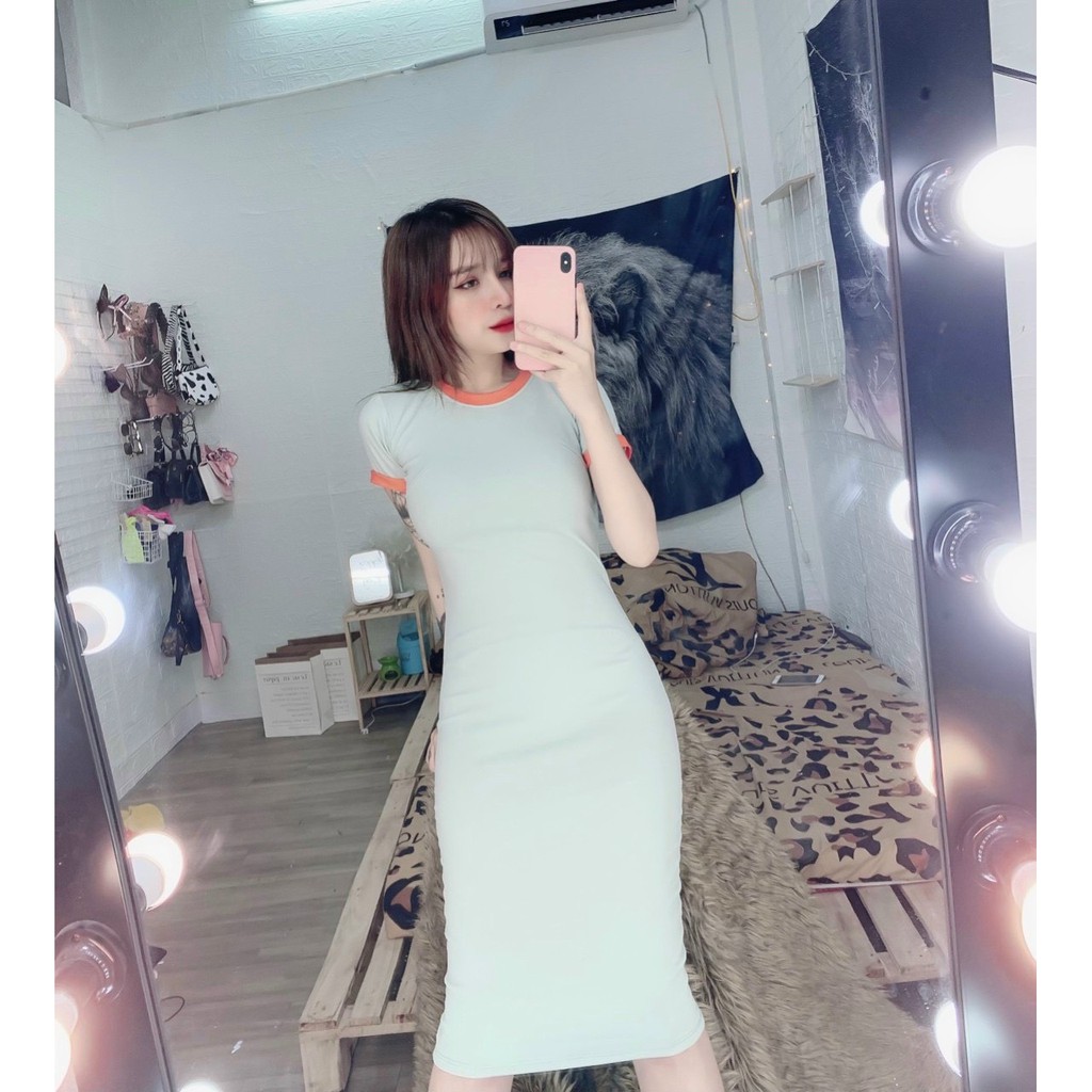 Đầm cổ tròn trơn dáng dài kiểu viền tay cổ màu xinh , chất thun bozip mềm mịn ( ảnh thật )