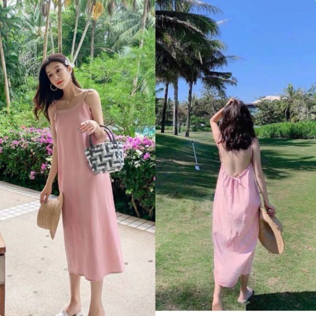 Đầm maxi hồng + trắng hở lưng