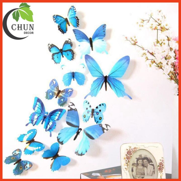 Bộ 12 decal dán tường hình bướm 3D cánh đơn, cánh kép đế nam châm trang trí cửa kính, tủ quàn áo, giỏ hoa, ảnh treo châm