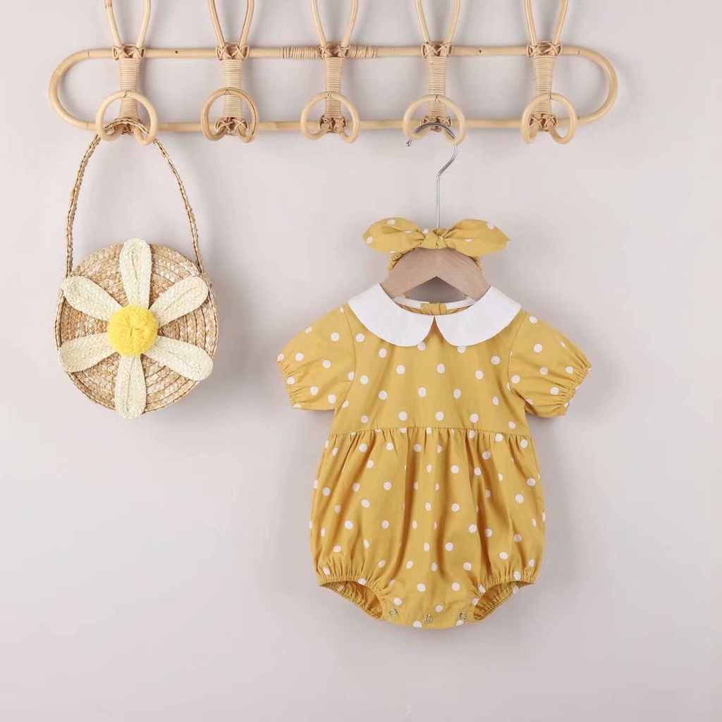 Áo Liền Quần Họa Tiết Chấm Bi Kèm Băng Đô Dễ Thương Dành Cho Bé Gái