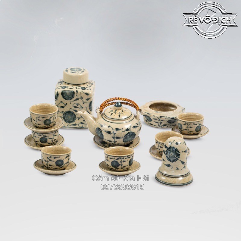 Ấm Chén Men Rạn Bát Tràng Họa Tiết Sông Núi Dáng Thủy Bình Quai Đoạn Trúc