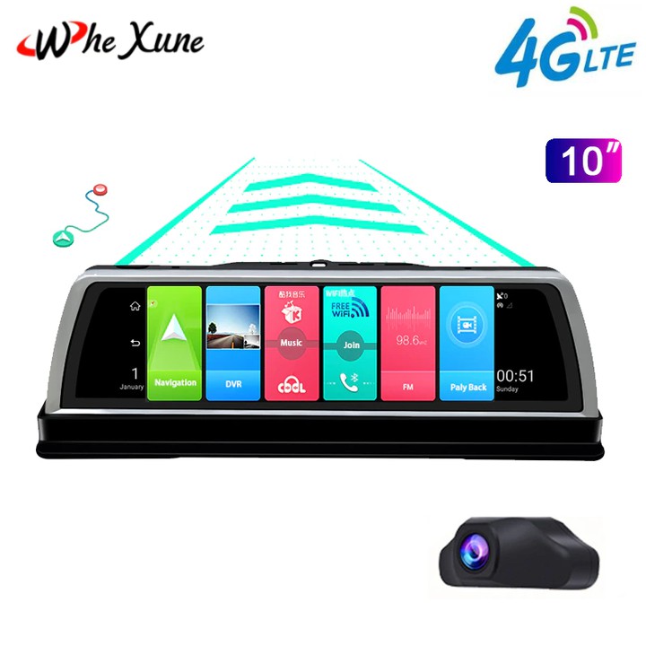Camera hành trình đặt taplo ô tô, thương hiệu cao cấp Whexune - V900 4G, wifi, android 8.1, 10 inch tích hợp cam lùi