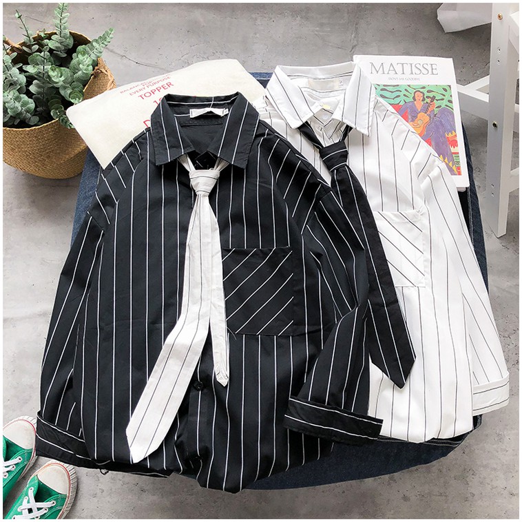 (A129) áo sơ mi unisex kẻ sọc kèm cà vạt 2 màu đen - trắng | BigBuy360 - bigbuy360.vn