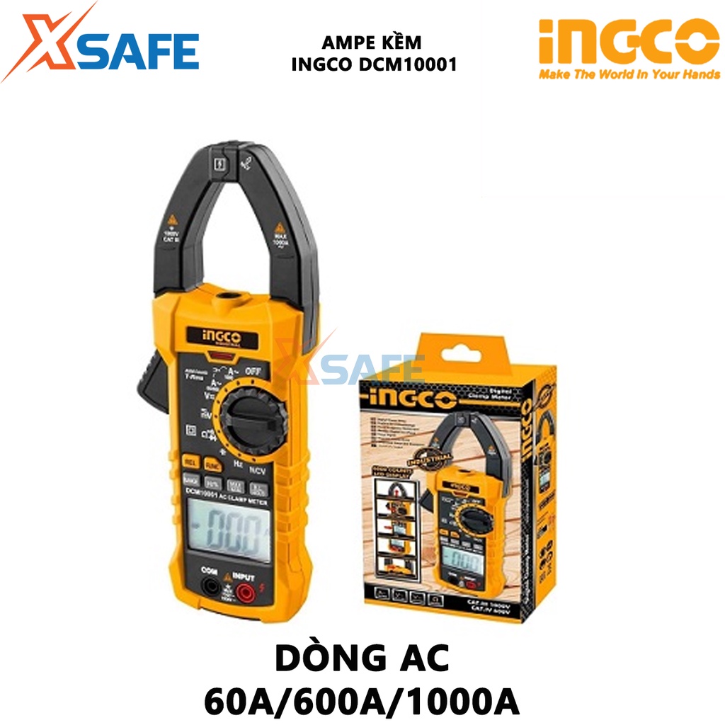 Ampe kìm INGCO DCM10001 Ampe kẹp kỹ thuật số có màn hình điện tử LCD, dòng điện AC 60A/600A/1000A
