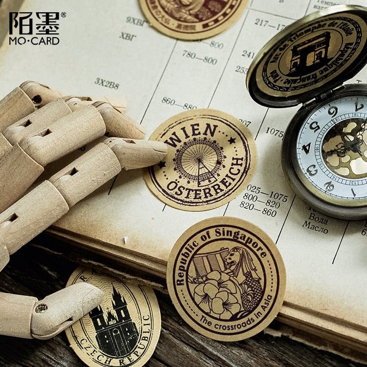 Hộp 46 sticker vintage travelling Địa Danh trang trí sổ tay, planner Góc Nhỏ Của Cỏ
