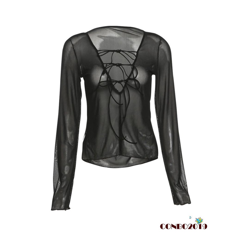 Áo Thun Tay Dài Phối Lưới Có Dây Điều Chỉnh Màu Sắc Thời Trang Quyến Rũ Cho Nữ