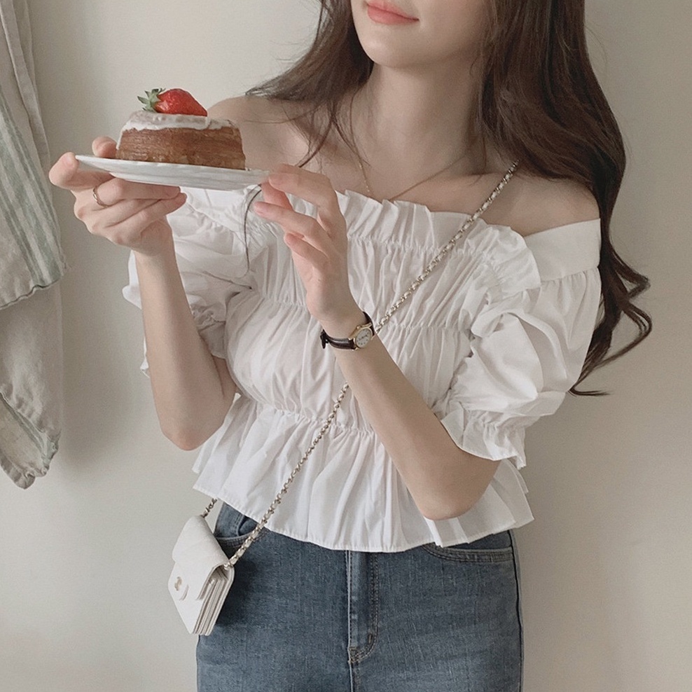 Áo Kiểu Trễ Vai Cổ Vuông Xếp Ly Tay Ngắn 51080