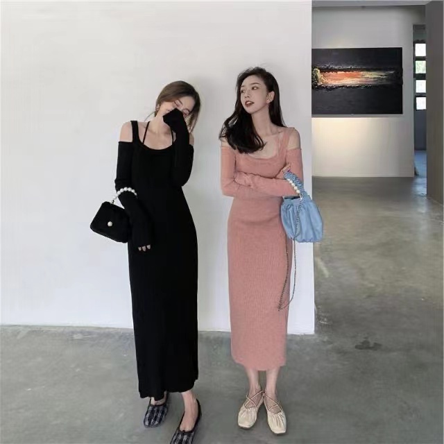 SUXI Đầm Maxi Dệt Kim Tay Dài Màu Sắc Thanh Lịch Thời Trang Mùa Thu Cho Nữ