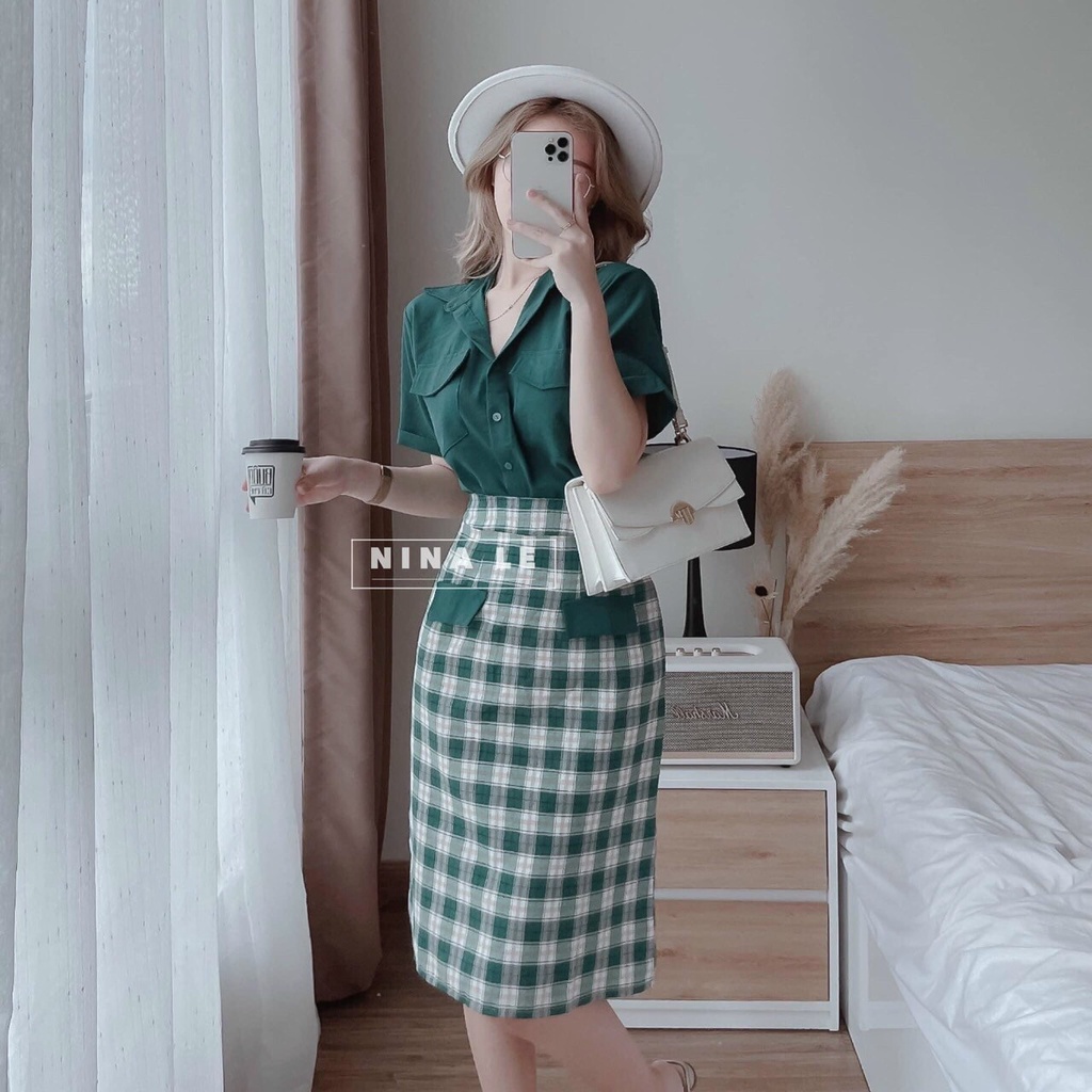 Set váy 2 món áo sơ mi form rộng ngắn tay có khuy kèm chân váy ôm body có túi, chất vải umi cao cấp