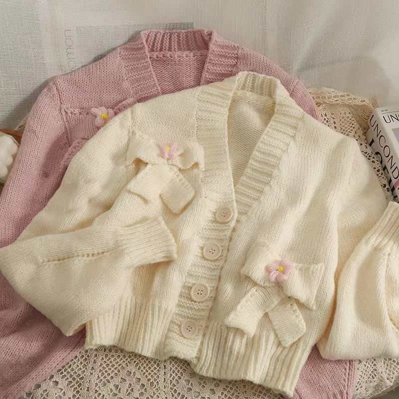 Áo cardigan Ngắn Tay Dài Dáng Rộng Cài Khuy Đính Nơ Phong Cách Hàn Quốc Mới Cho Nữ