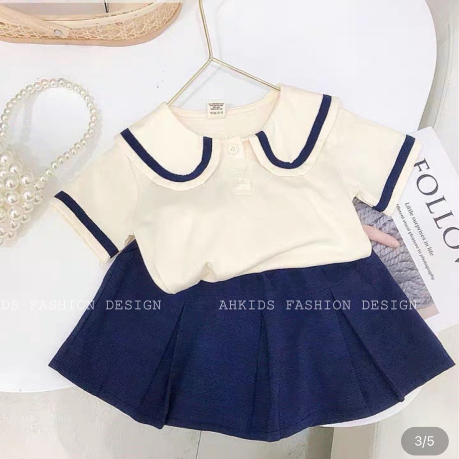 Đồ bộ bé gái, Set chân váy xếp ly bé gái kèm áo cotton cổ bèo quảng châu cho bé đi học siêu xinh