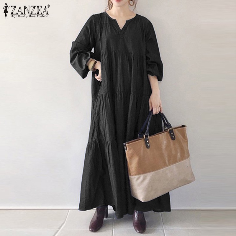 Đầm maxi Zanzea tay phồng dài cổ chữ V thời trang dành cho nữ