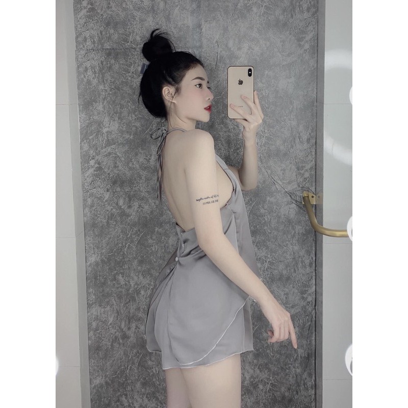 Đồ bộ ngủ yếm sexy -bộ ngủ lụa satin yếm đùi sexy thêu hạc fom dưới 54 kg siêu hot