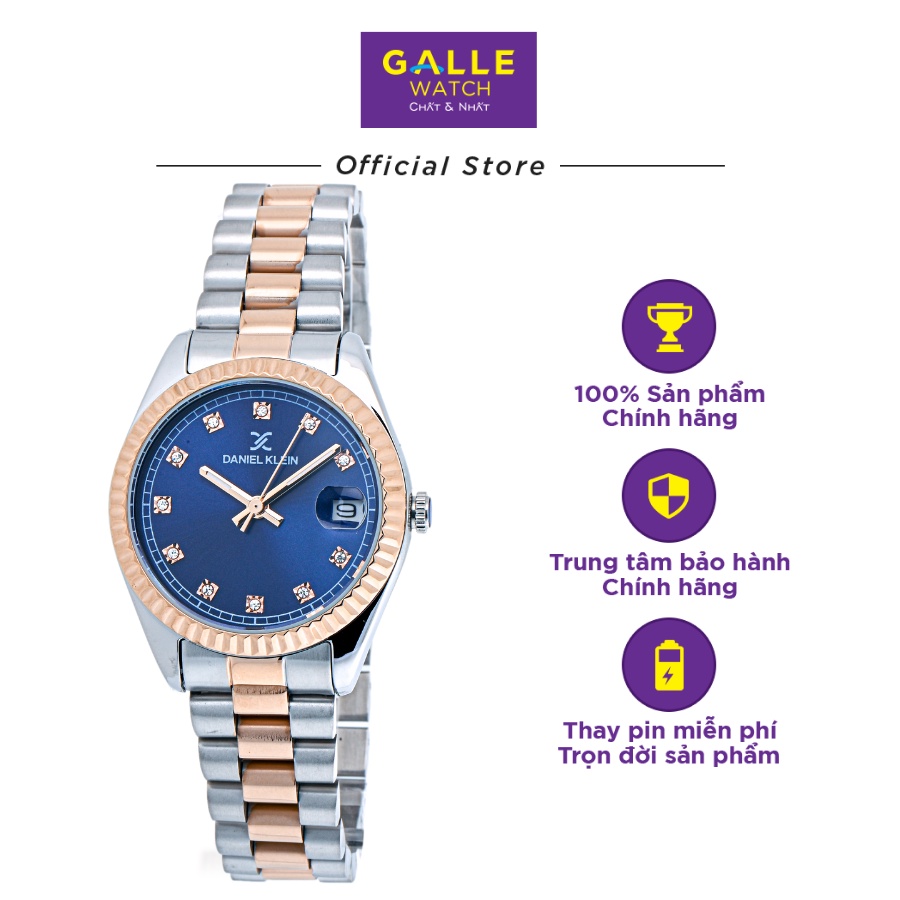 Đồng hồ nữ dây thép không gỉ cao cấp Daniel Klein DK.1.12779 chống nước, mặt số khảm trai đính đá, có lịch ngày
