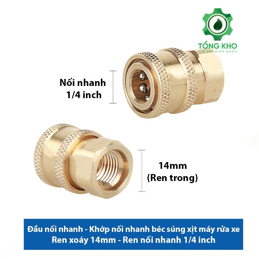 Đầu cái nối nhanh 1/4, nối béc súng xịt máy rửa xe áp lực cao ren vặn trong 14mm - Tổng kho kim khí điện nước