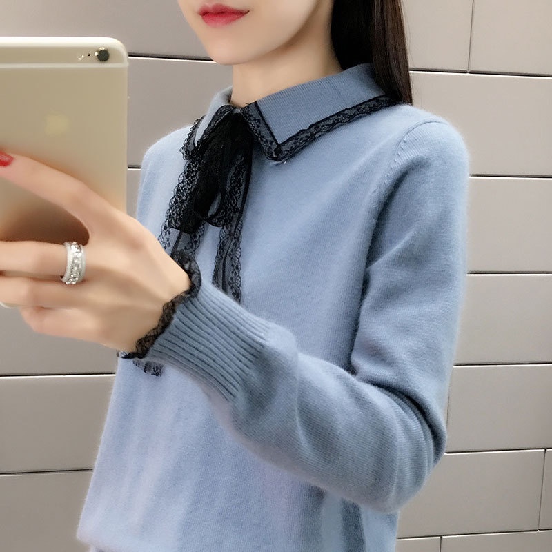 MS367 Áo len nữ cổ bẻ nơ ren thanh lịch