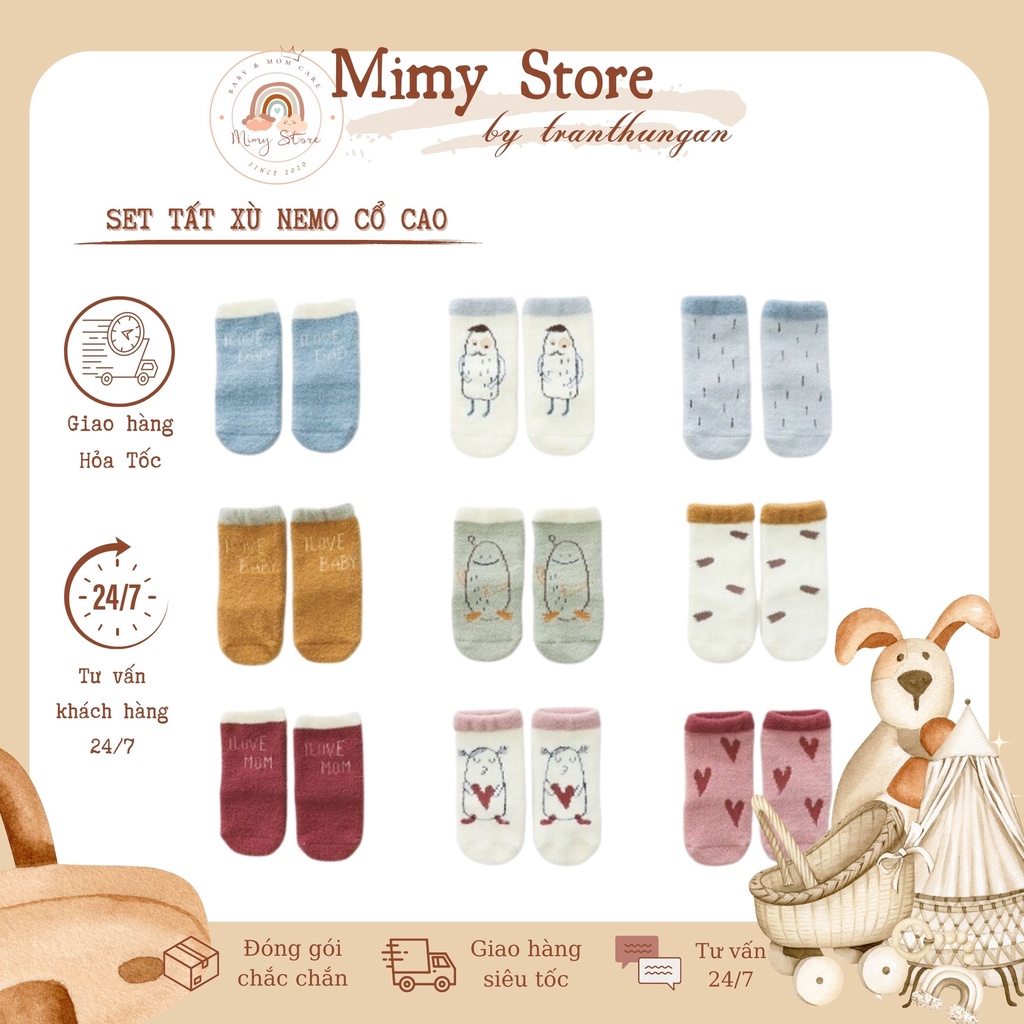 Set 3 Đôi Tất Xù NEMO Baby Cổ Cao, Chống Trơn Trượt Cho Bé Từ 0-3 Tuổi