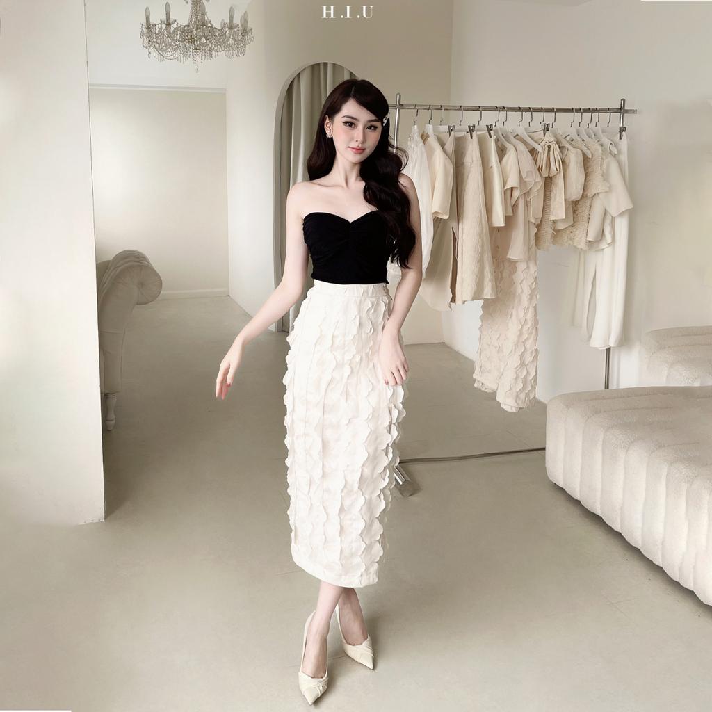 Chân váy nữ xẻ chân kiểu hoa vân nổi 3D Semi Skirt H.I.U Fashion , vải linen đính kết hoa 3D dày dặn dáng A sang trọng