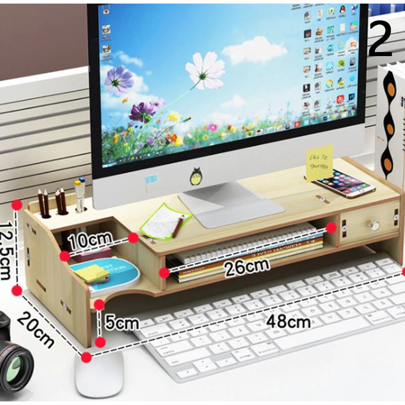 Kệ đỡ màn hình vi tính giảm mỏi để bàn kèm cắm viết bằng gỗ KMT6 có ngăn kéo - Tặng kèm 1 móc khóa khung hình thời trang