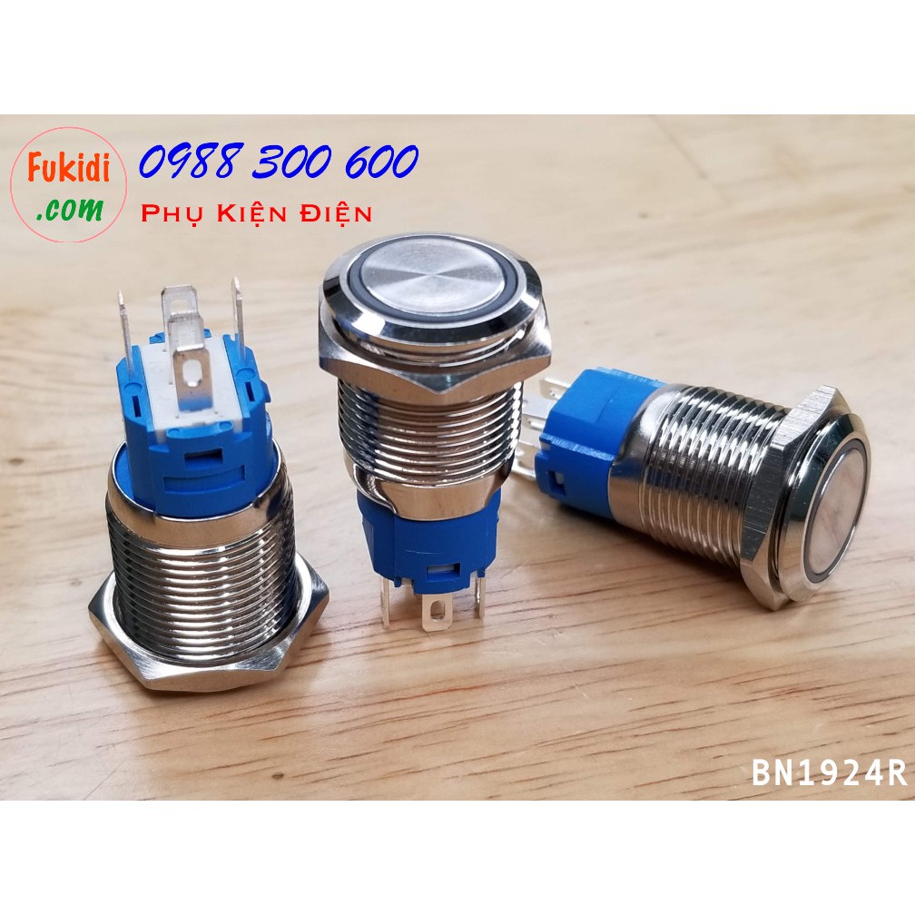 Nút nhấn nhả vỏ kim loại phi 16mm, điện áp 24V, chống thấm nước, đèn hình tròn BN1624R, BN1624G, BN1624B, BN1624Y