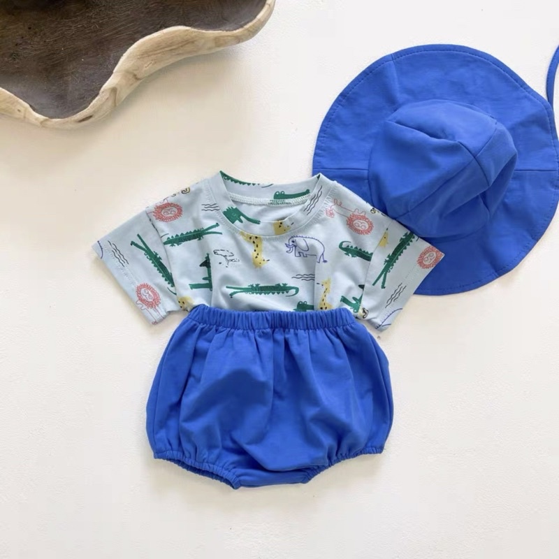 Bộ cộc tay cho bé trai bé gái , set quần áo hè trẻ em 4kg - 15kg kèm mũ chống nắng cho bé yêu