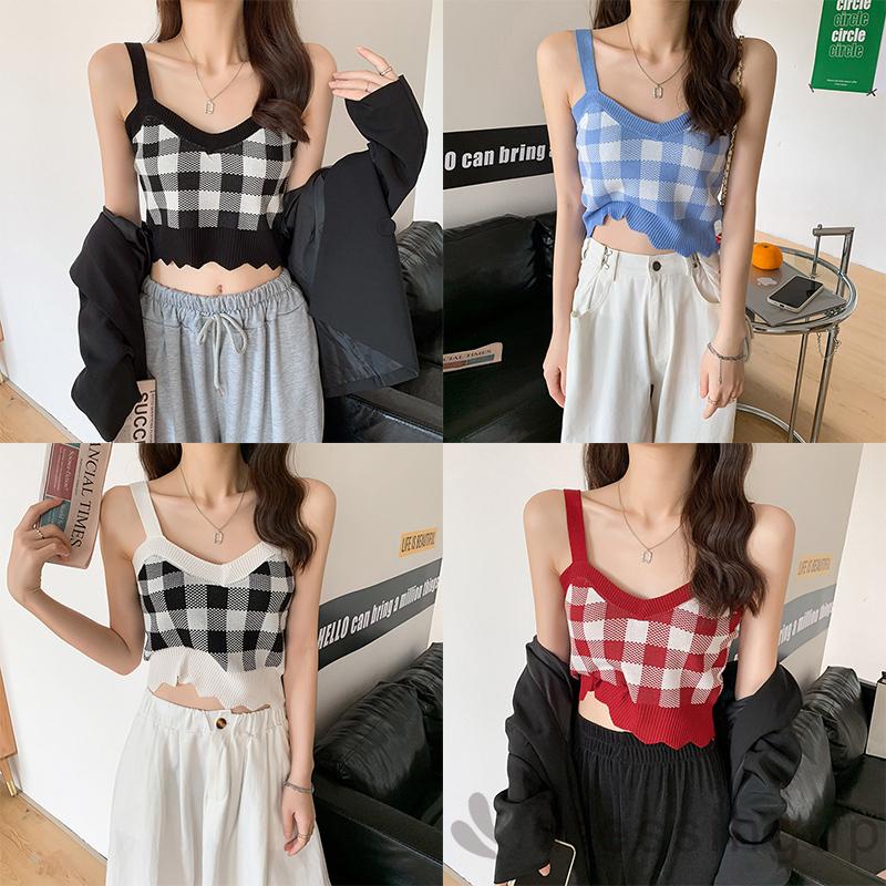 Áo Croptop Dệt Kim Không Tay Cổ Chữ V In Họa Tiết Caro Cổ Điển Dành Cho Bạn Nữ