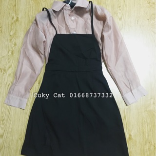 Set bộ áo sơ mi lụa yếm dây chéo xẻ gấu