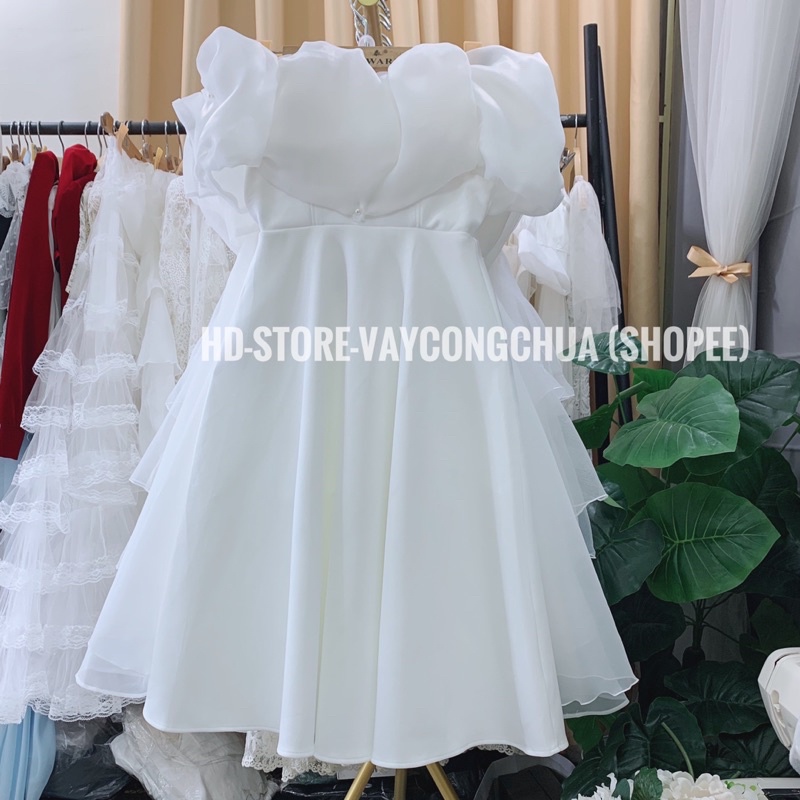 Váy thiết kế trễ vai bèo xoè trẻ trung dự tiệc, đầm ngang vai tiệc cưới cô dâu