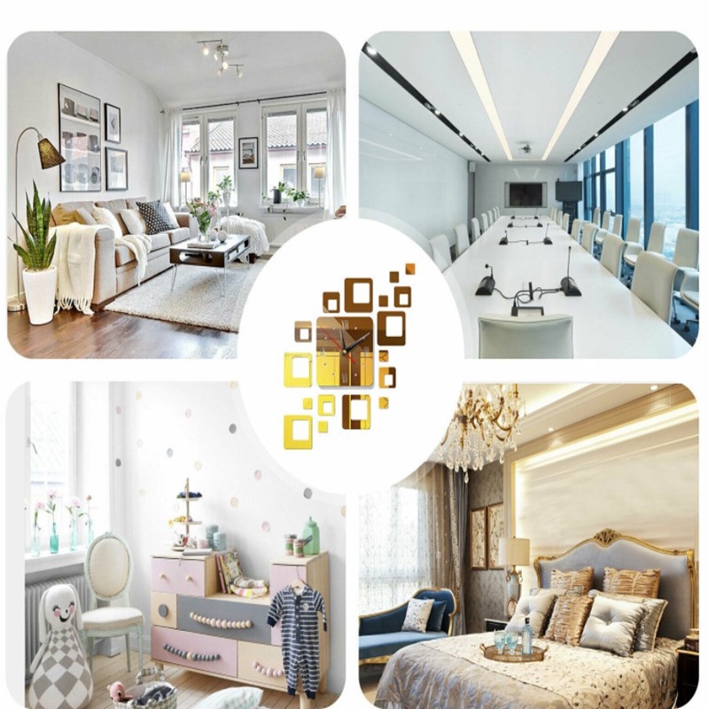 Đồng Hồ Dán Tường 3D DIY Dạng Vuông Mặt Gương Acrylic Phong Cách Hiện Đại Trang Trí Nhà Cửa
