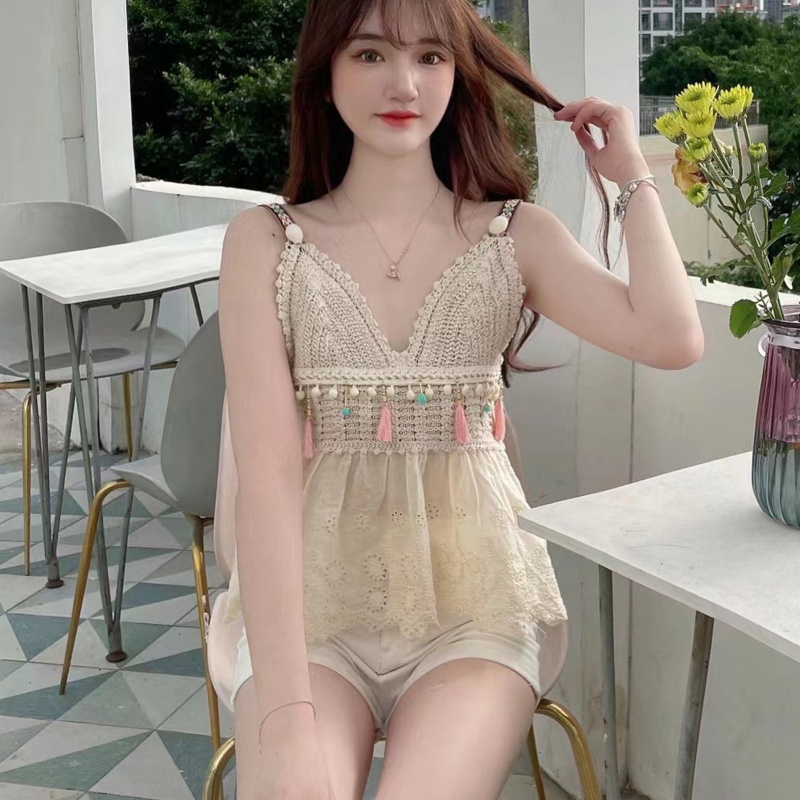 Áo Dệt Kim Peplum Hai Dây Cổ Chữ V Phối Tua Rua Thêu Họa Tiết Phong Cách Boho Thời Trang Mùa Hè Cho Nữ