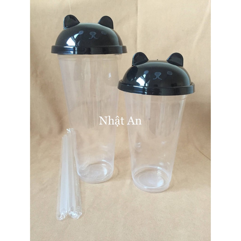 10 ly nhựa trà sữa PP đáy bằng có nắp gấu đen 500ml và 700ml