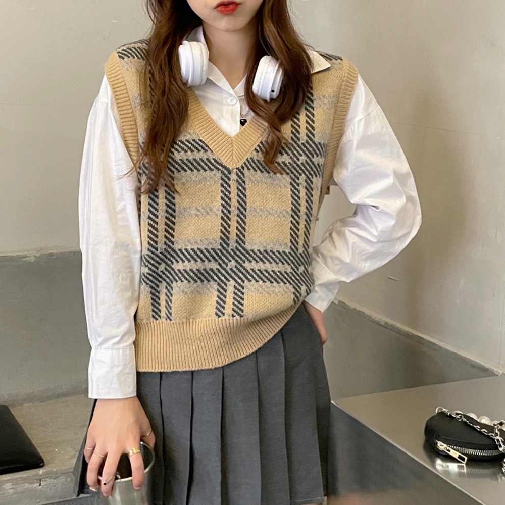 Áo khoác len cổ chữ V dáng rộng phong cách Hàn Quốc