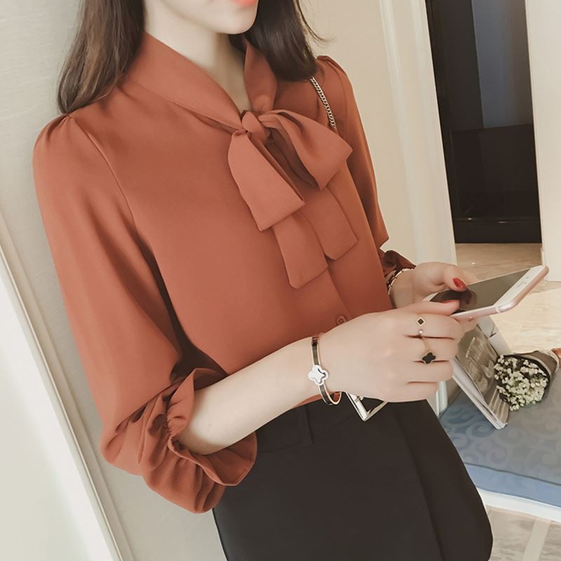 Áo Kiểu Tay Dài Chất Chiffon Phối Nơ Thiết Kế Màu Trơn Thanh Lịch