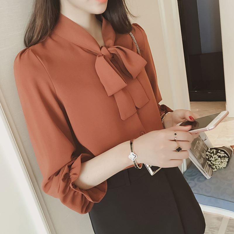 Áo Blouse nữ tay dài cổ thắt nơ phong cách Hàn Quốc