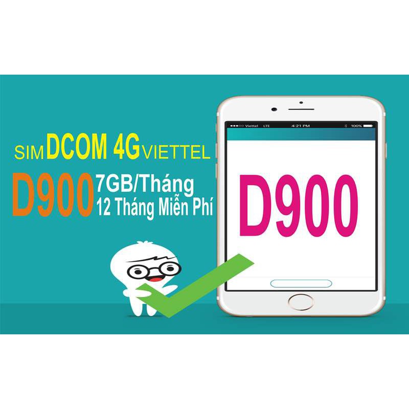 (XÀI 1 NĂM) Sim Dcom 4G Viettel D900 trọn gói 7GB/tháng miễm phí 1 năm