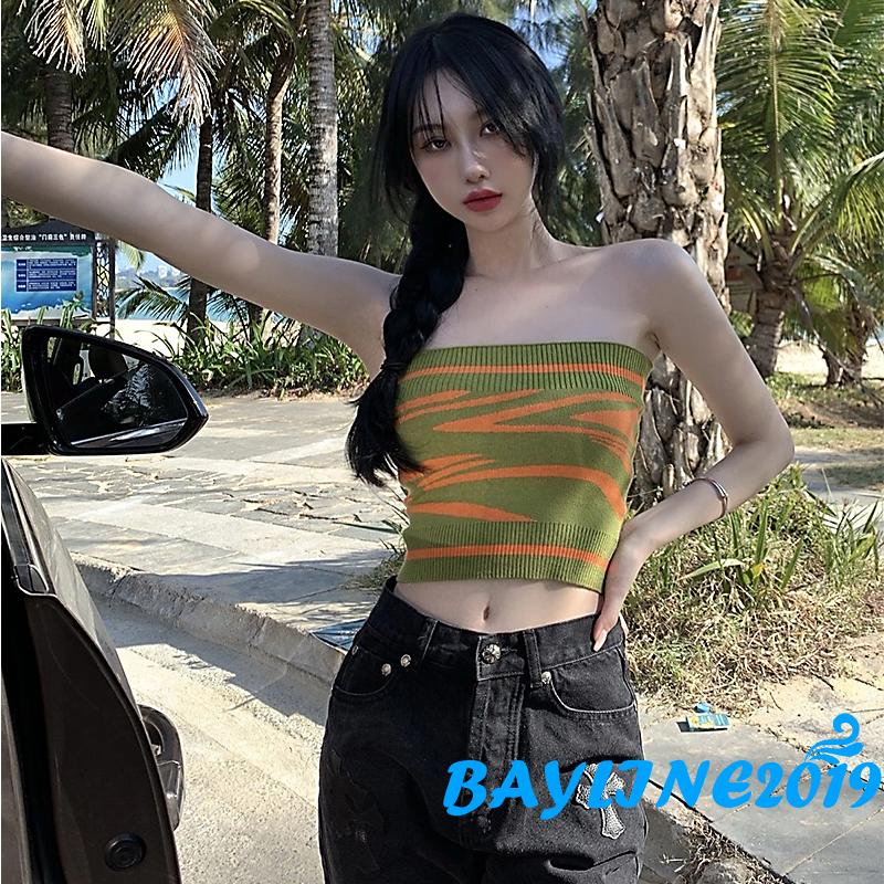 Áo Croptop Dệt Kim Không Tay Hở Vai Họa Tiết Kẻ Sọc Màu Xanh Lá Thời Trang Đường Phố Cho Nữ