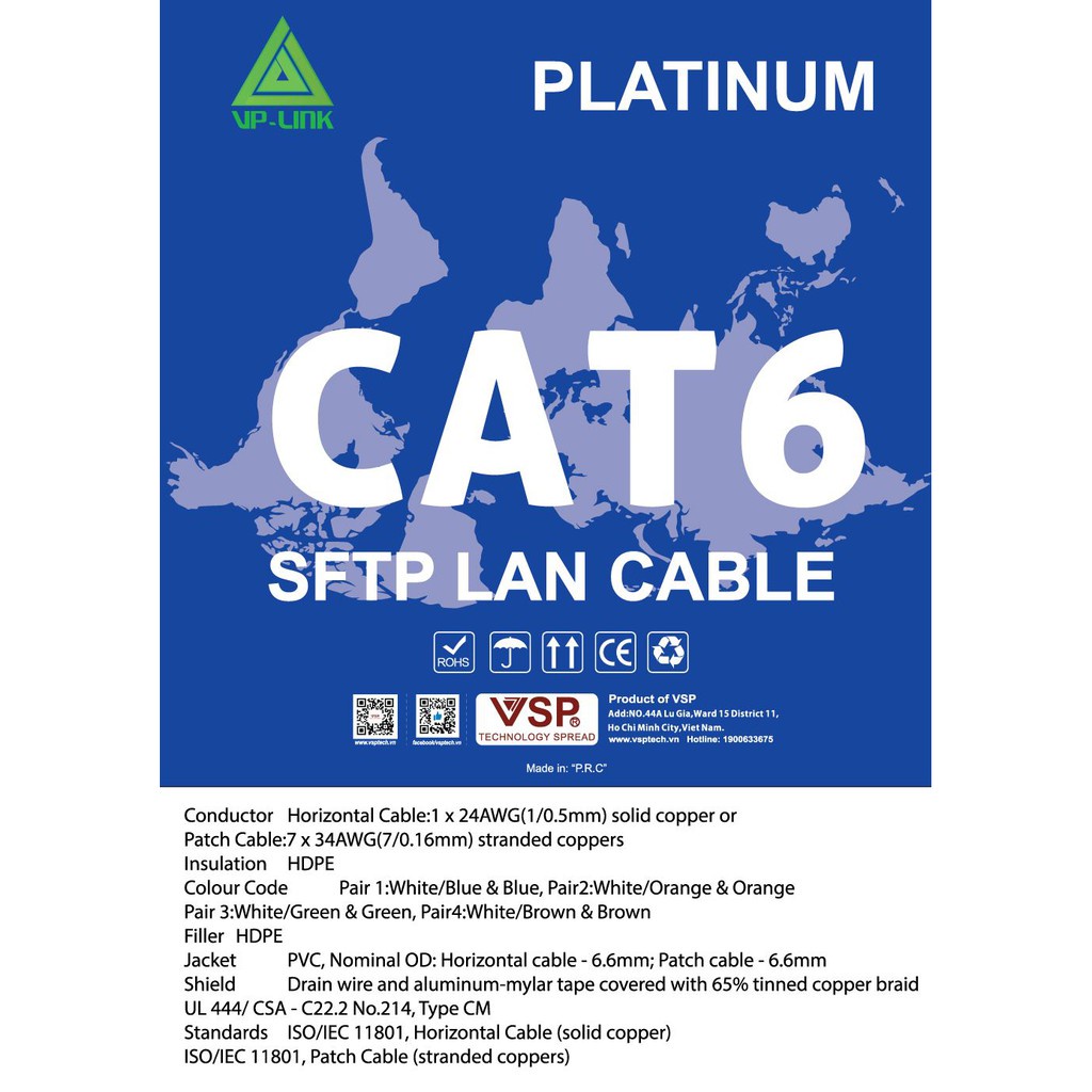 Cuộn dây cáp mạng VP-LINK Cat6 SFTP 305m - Hàng Chính hãng - dây mạng, cáp lan, dây lan