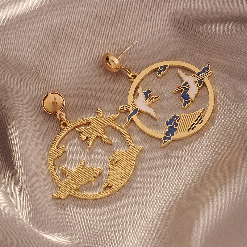 Bông Tai Dáng Dài Hình Chim Hạc Phong Cách Trung Hoa