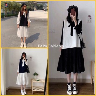 Váy babydoll kèm áo gile, set váy ulzzang dáng dài mix áo gile suông thụng