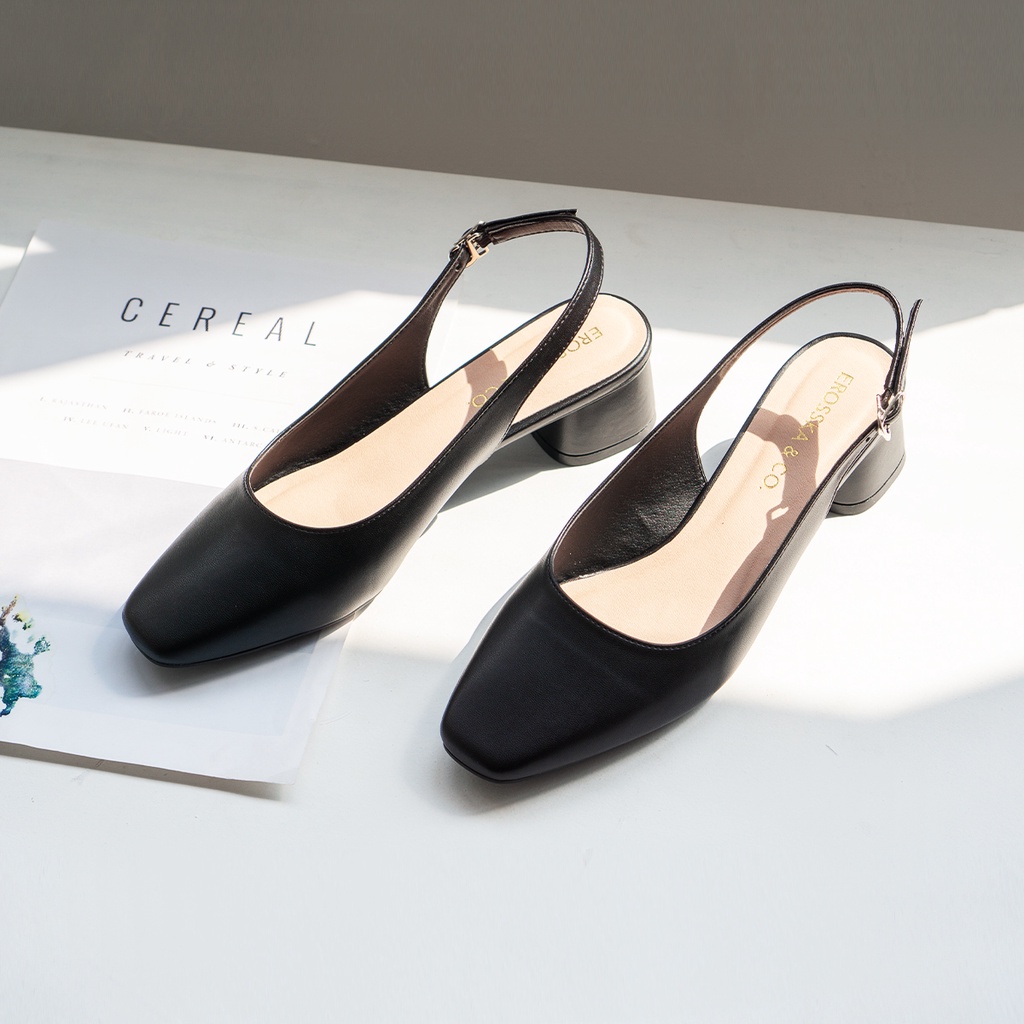 Giày cao gót slingback Erosska mũi vuông kiểu dáng basic gót vuông vững chắc màu đen _ EL013