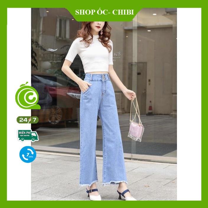 Quần jean bò ống rộng rách gấu quần jean bò ống suông jeans nữ cạp cao màu xanh hot 2022 ShopỐcChibi
