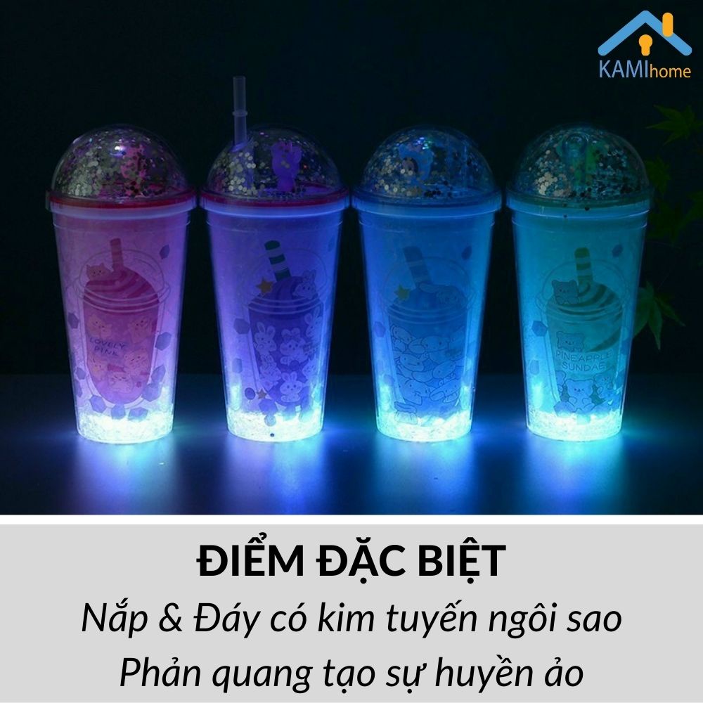 Ly nước đèn ngủ phản quang nắp có ngôi sao kim tuyến Nhựa 2 lớp cách nhiệt nóng lạnh cỡ 400ml mã 22057