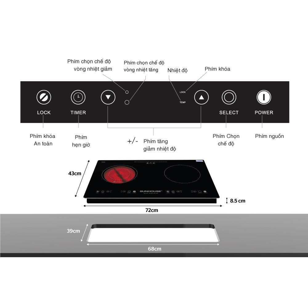 Bếp đôi điện từ hồng ngoại Sunhouse SHB9106-ES, Bảo hành 3 năm tại nhà