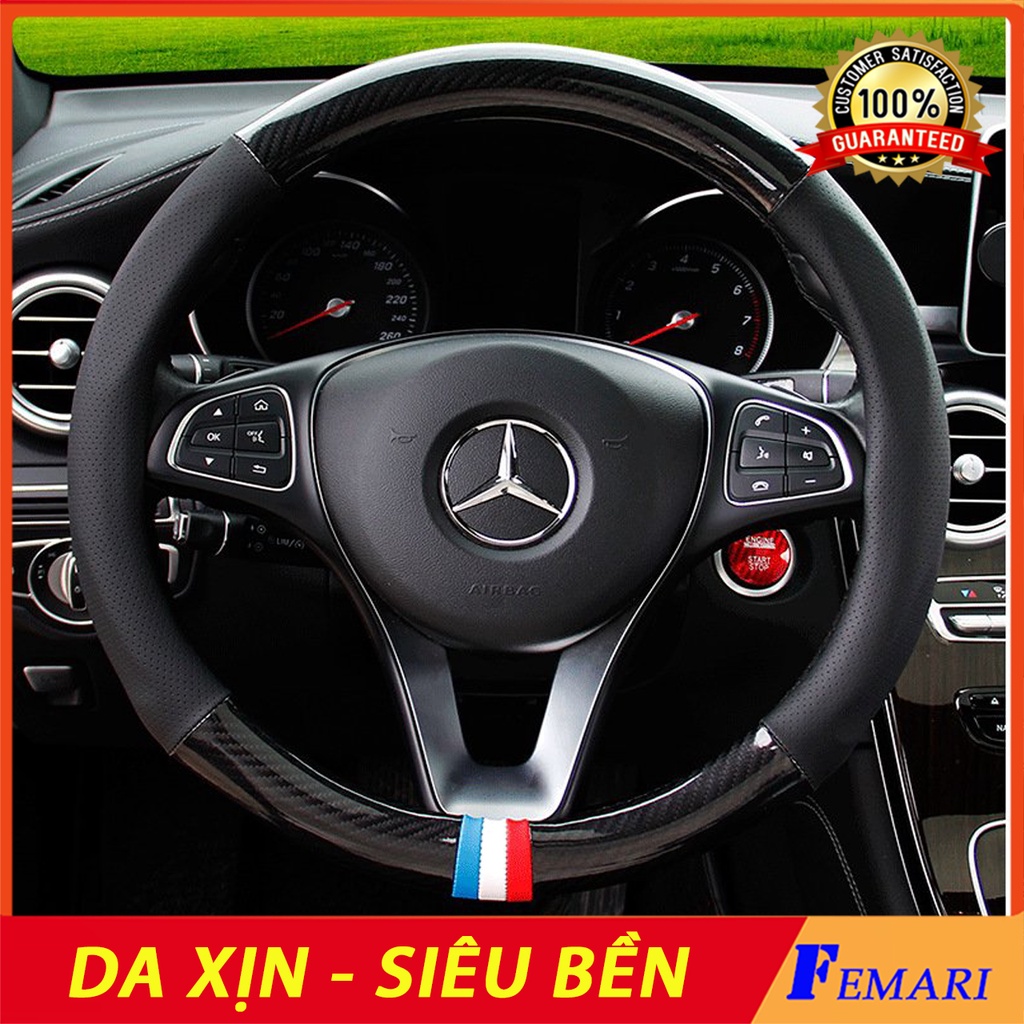 [ Hàng Cao Cấp ] Bọc vô lăng da - Bọc vô lăng vân Carbon họa tiết cờ Pháp có lỗ thoáng khí - Bảo hành 1 năm FEMARI