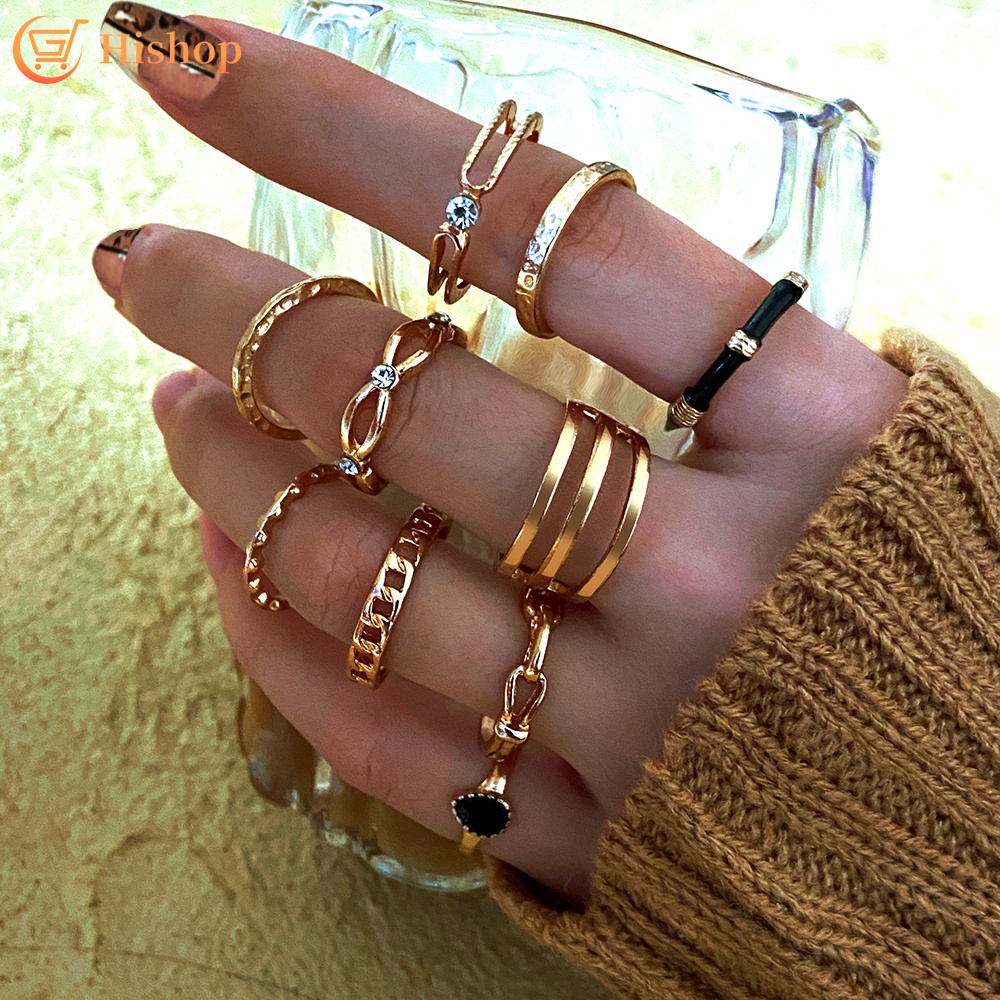 Bộ 10 Nhẫn Đính Đá Pha Lê Đen Phong Cách Cổ Điển