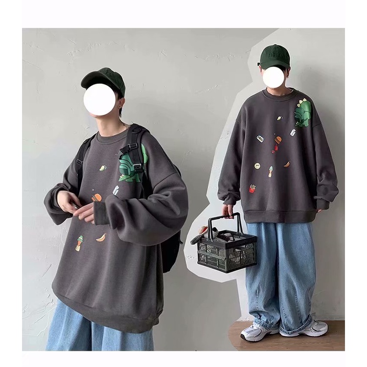Áo sweatshirt mặc chui đầu dáng rộng size lớn M-5XL họa tiết khủng long hoạt hình phong cách Nhật Bản đi học thời trang