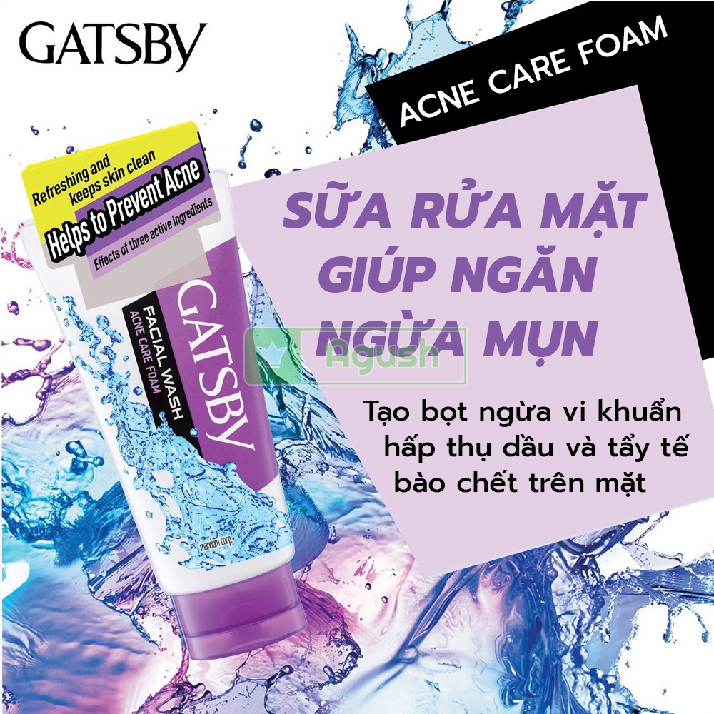 Sữa rửa mặt nam giới da dầu ngừa mụn chính hãng Gatsby Facial Wash Acne Care Foam chai 130g tẩy tế bào chết tạo bọt rẻ