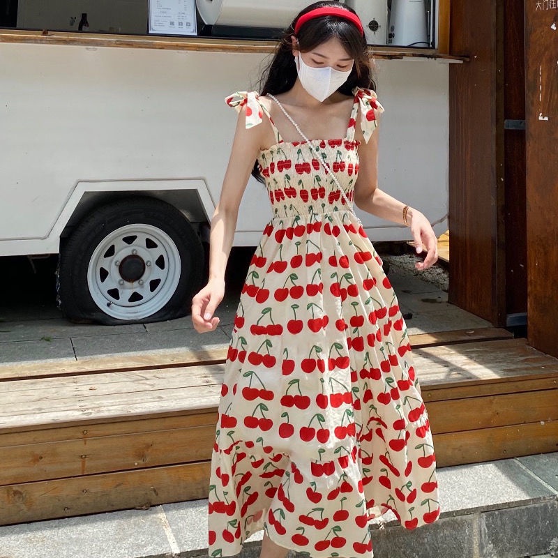 Đầm Hai Dây Họa Tiết Quả Anh Đào Thiết Kế Mới Thời Trang Mùa Hè Pháp Cho Nữ