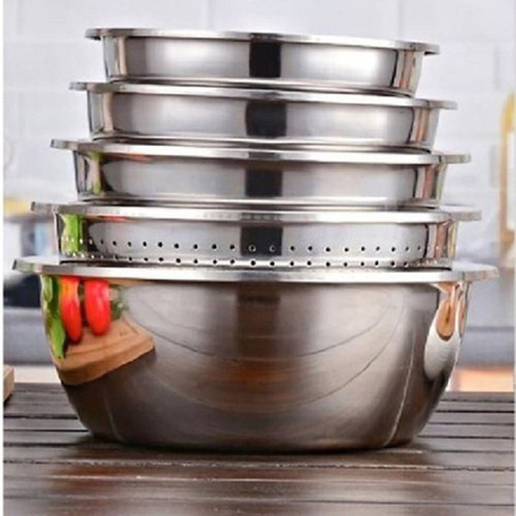 Bộ thau rổ inox 304 set 5 món, Chậu rổ nhà bếp-Onlycook