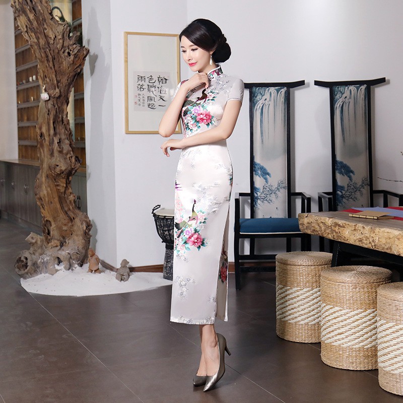 Chinese National Spring Cheongsam Long Dress Peacock Floral Vintage Silk Women Dresses | BigBuy360 - bigbuy360.vn